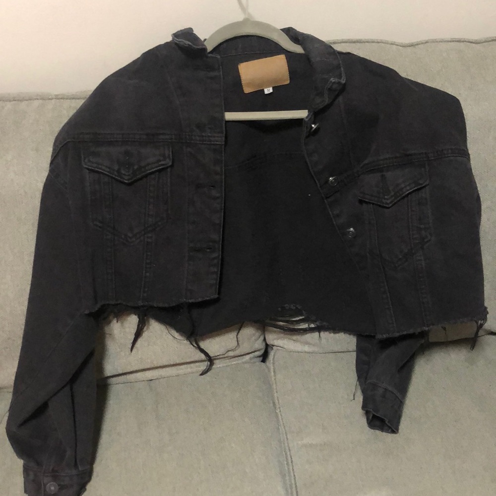 distressed black crop jean jacket